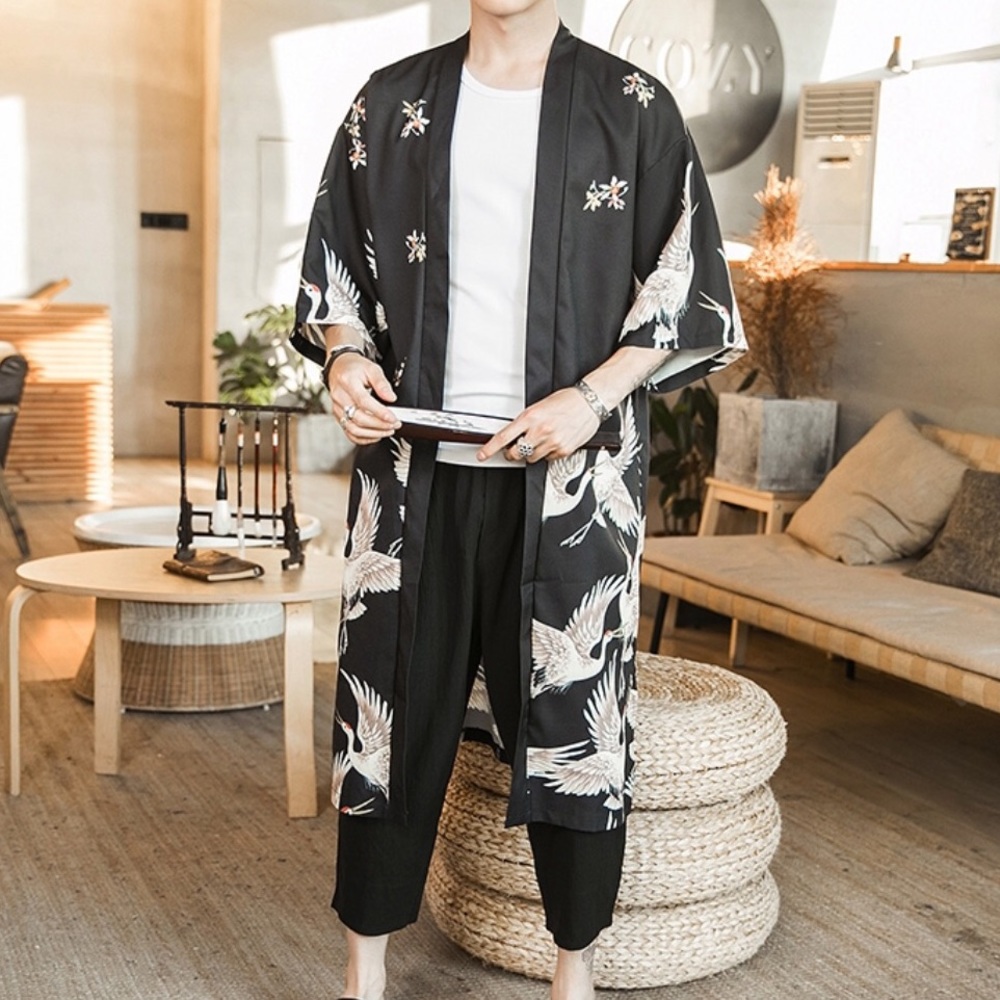 Unisex crane bird kimono satin robe - Picture 2 of 6